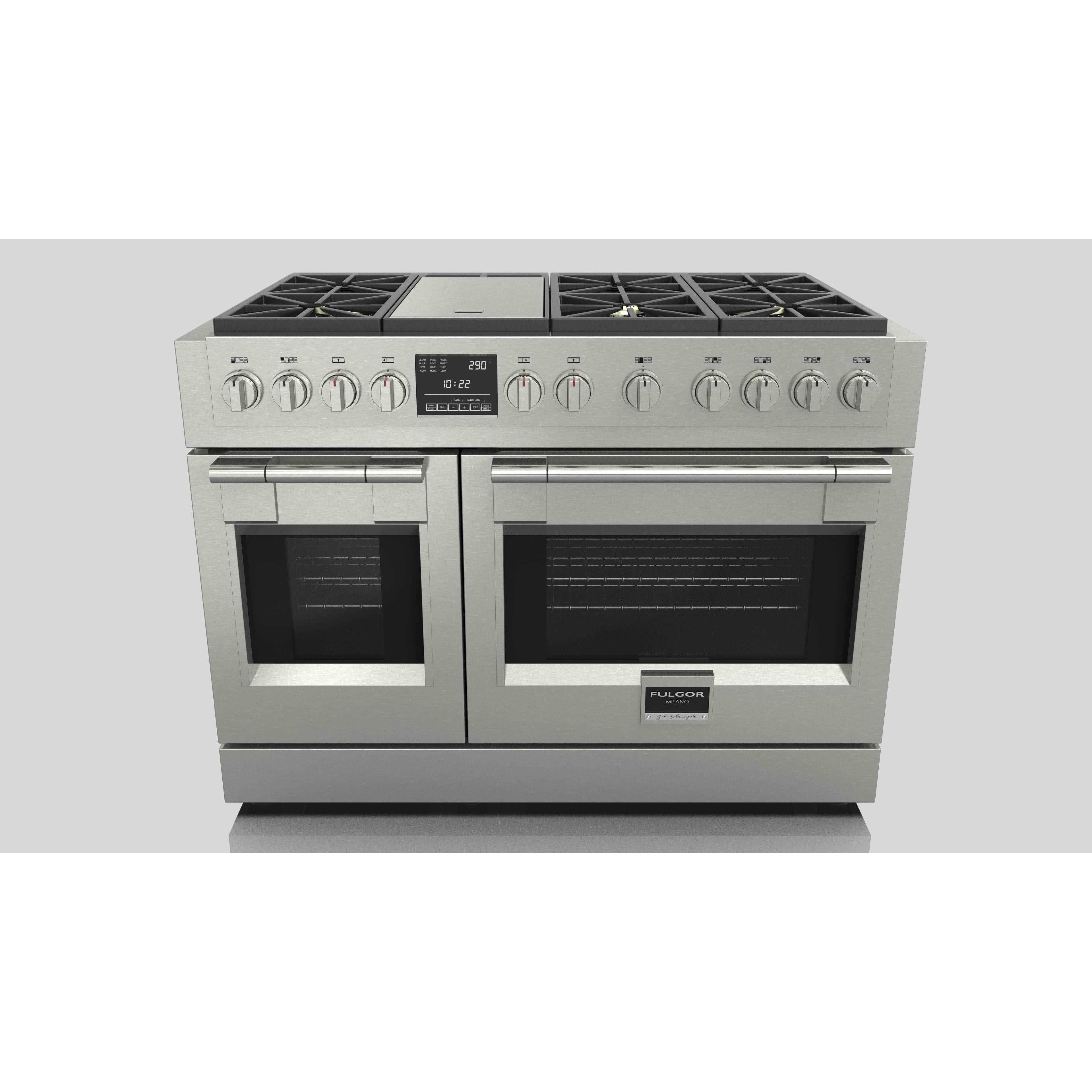 Fulgor Milano 48" Dual Fuel Professional Range with 6 Dual Flame Burners, 6.5 Cu. Ft. Total Capacity Stainless Steel - F6PDF486GS1 I Luxury Appliances Direct