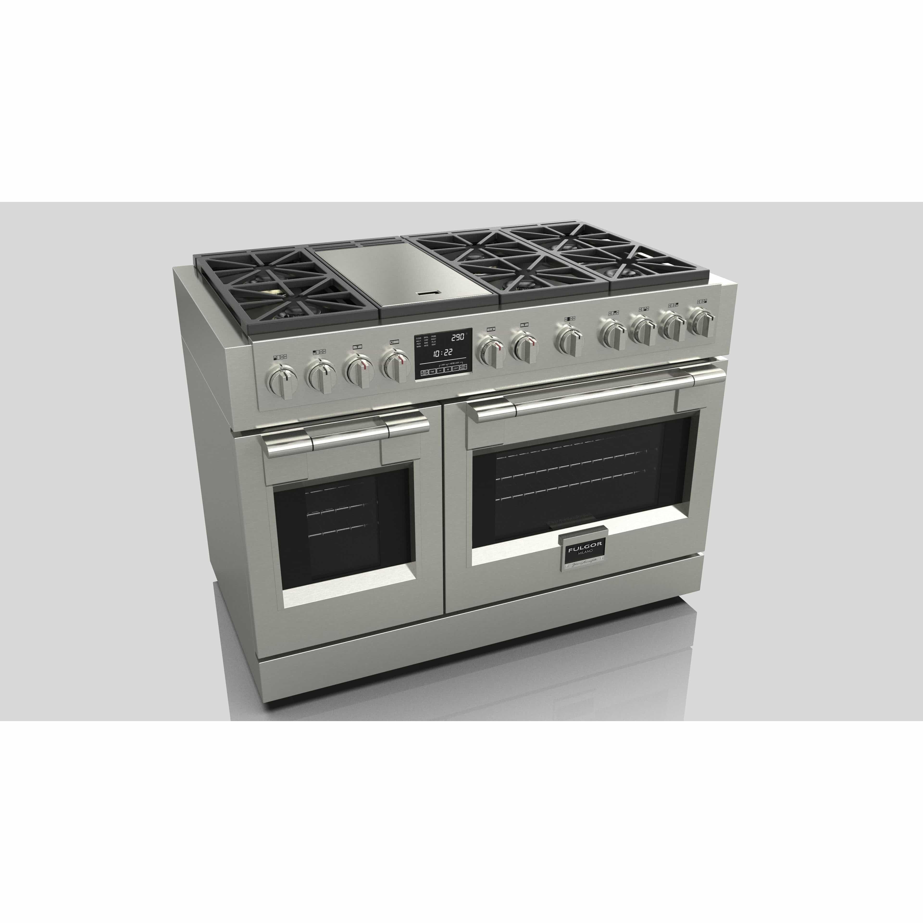Fulgor Milano 48" Dual Fuel Professional Range with 6 Dual Flame Burners, 6.5 Cu. Ft. Total Capacity Stainless Steel - F6PDF486GS1 I Luxury Appliances Direct