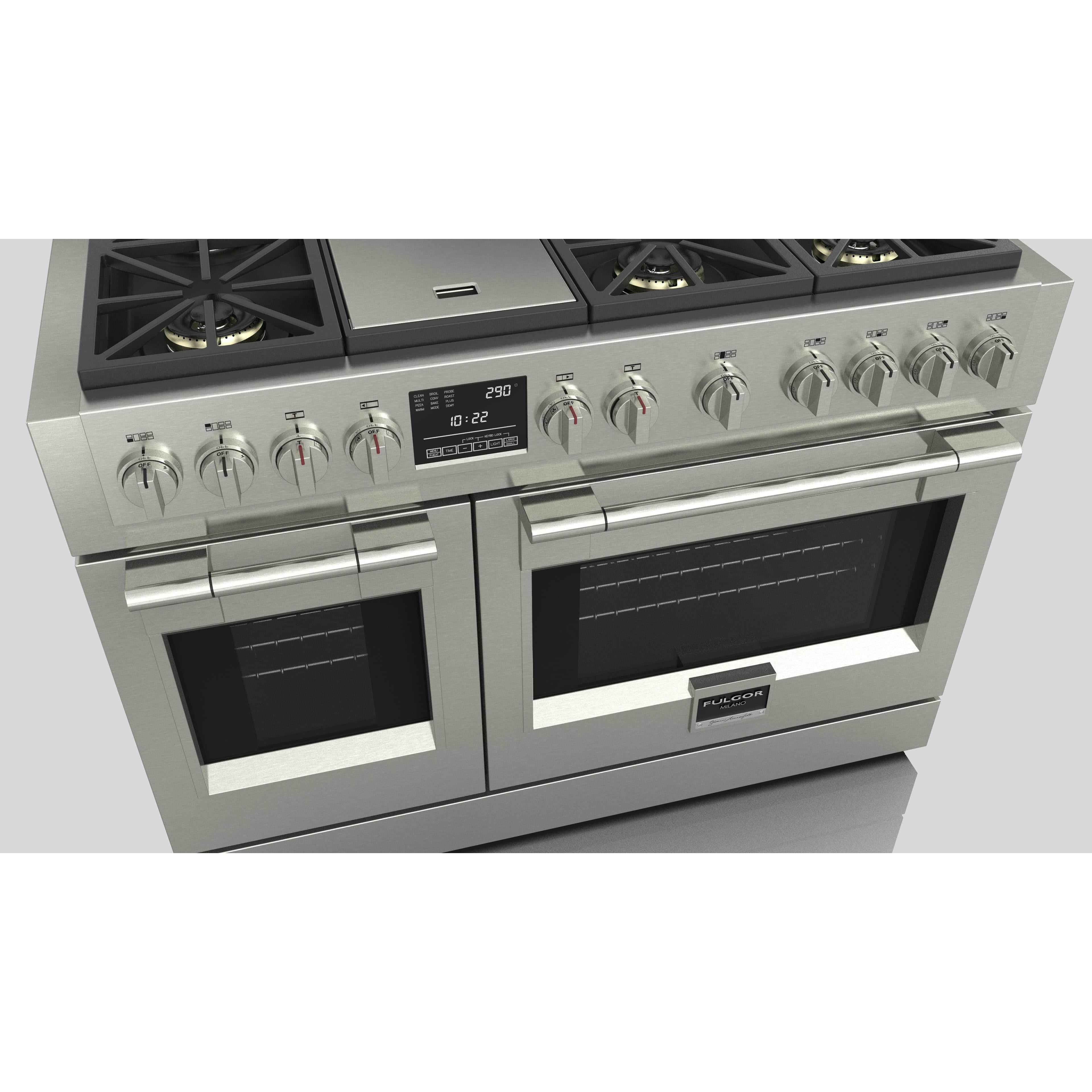 Fulgor Milano 48" Dual Fuel Professional Range with 6 Dual Flame Burners, 6.5 Cu. Ft. Total Capacity Stainless Steel - F6PDF486GS1 I Luxury Appliances Direct