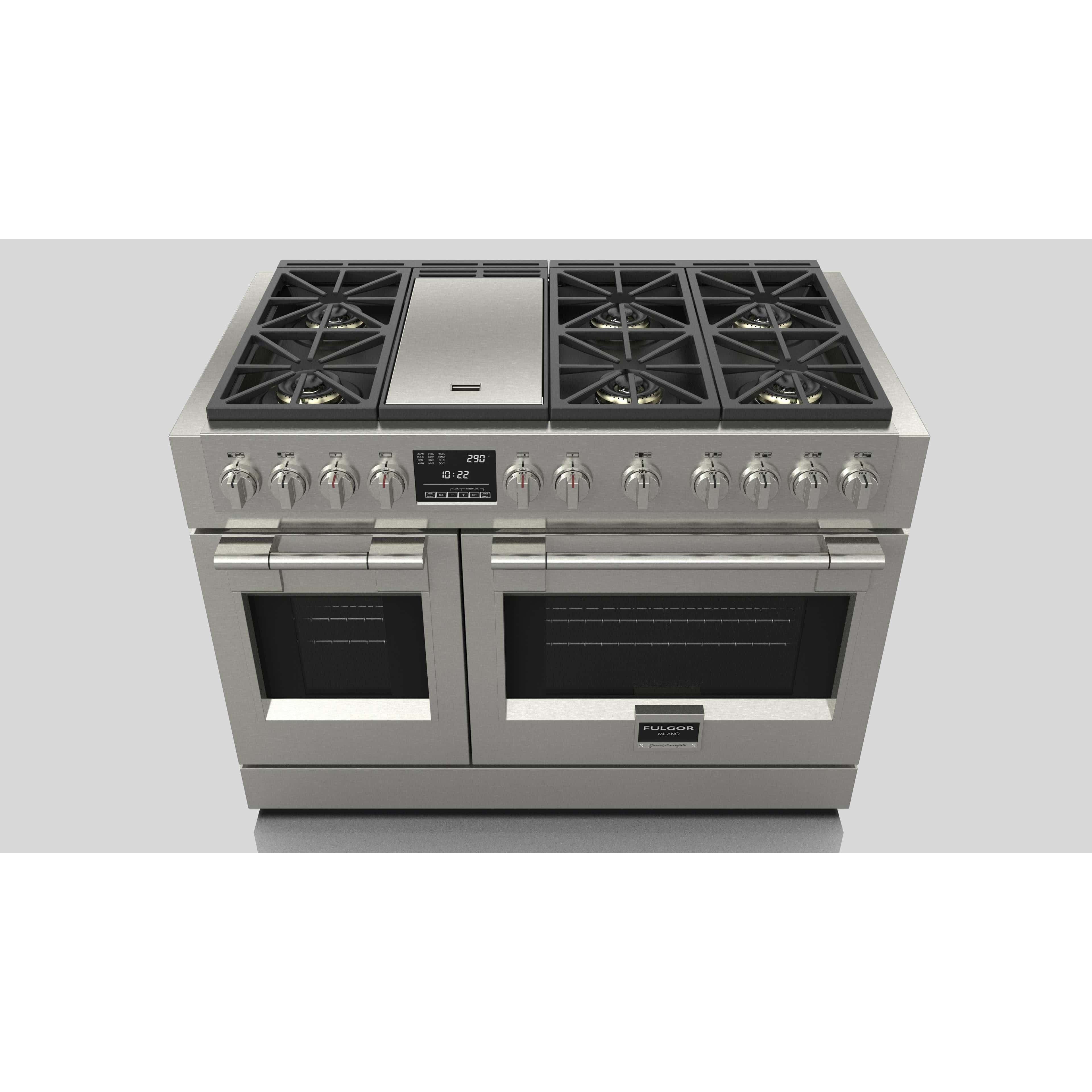 Fulgor Milano 48" Dual Fuel Professional Range with 6 Dual Flame Burners, 6.5 Cu. Ft. Total Capacity Stainless Steel - F6PDF486GS1 I Luxury Appliances Direct