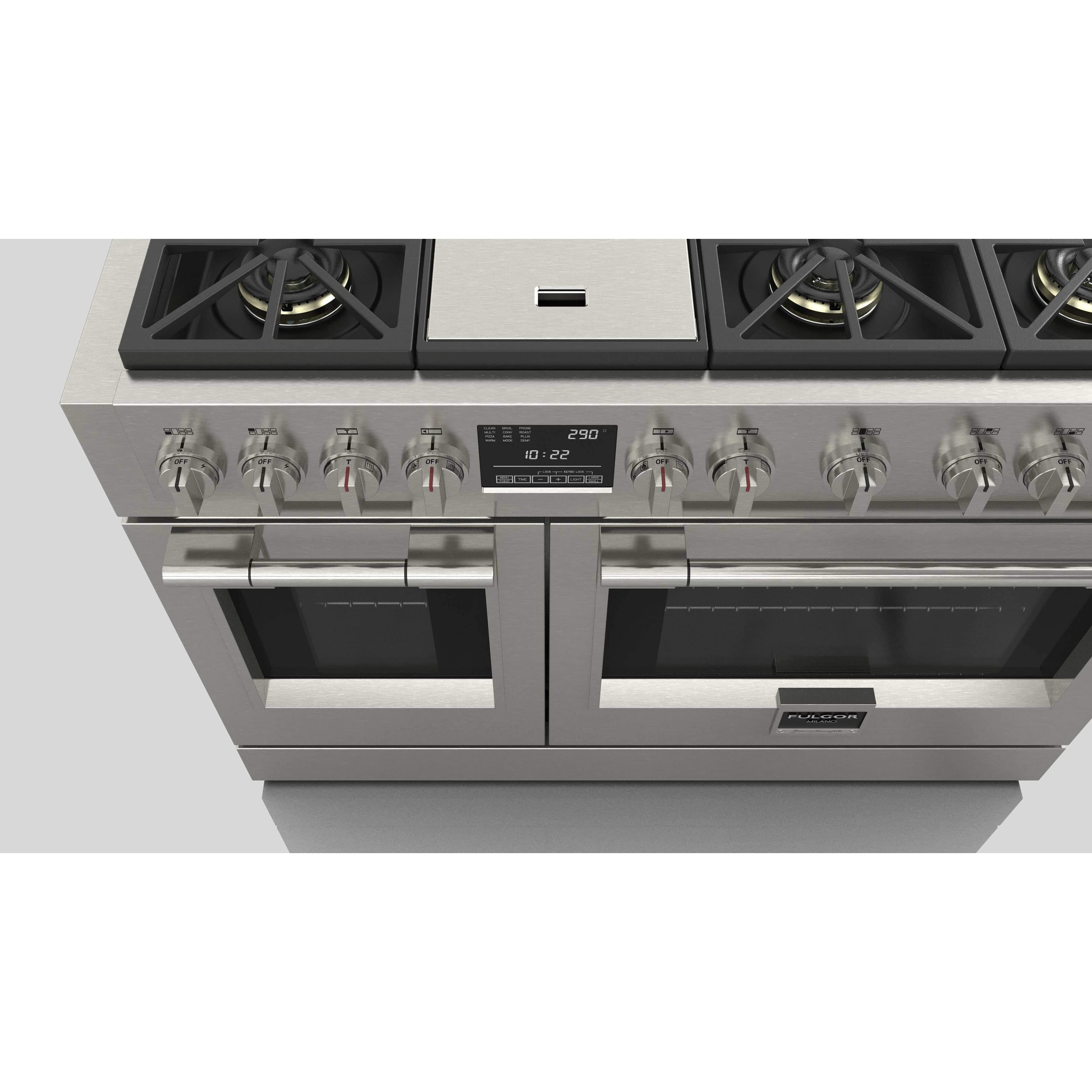 Fulgor Milano 48" Dual Fuel Professional Range with 6 Dual Flame Burners, 6.5 Cu. Ft. Total Capacity Stainless Steel - F6PDF486GS1 I Luxury Appliances Direct