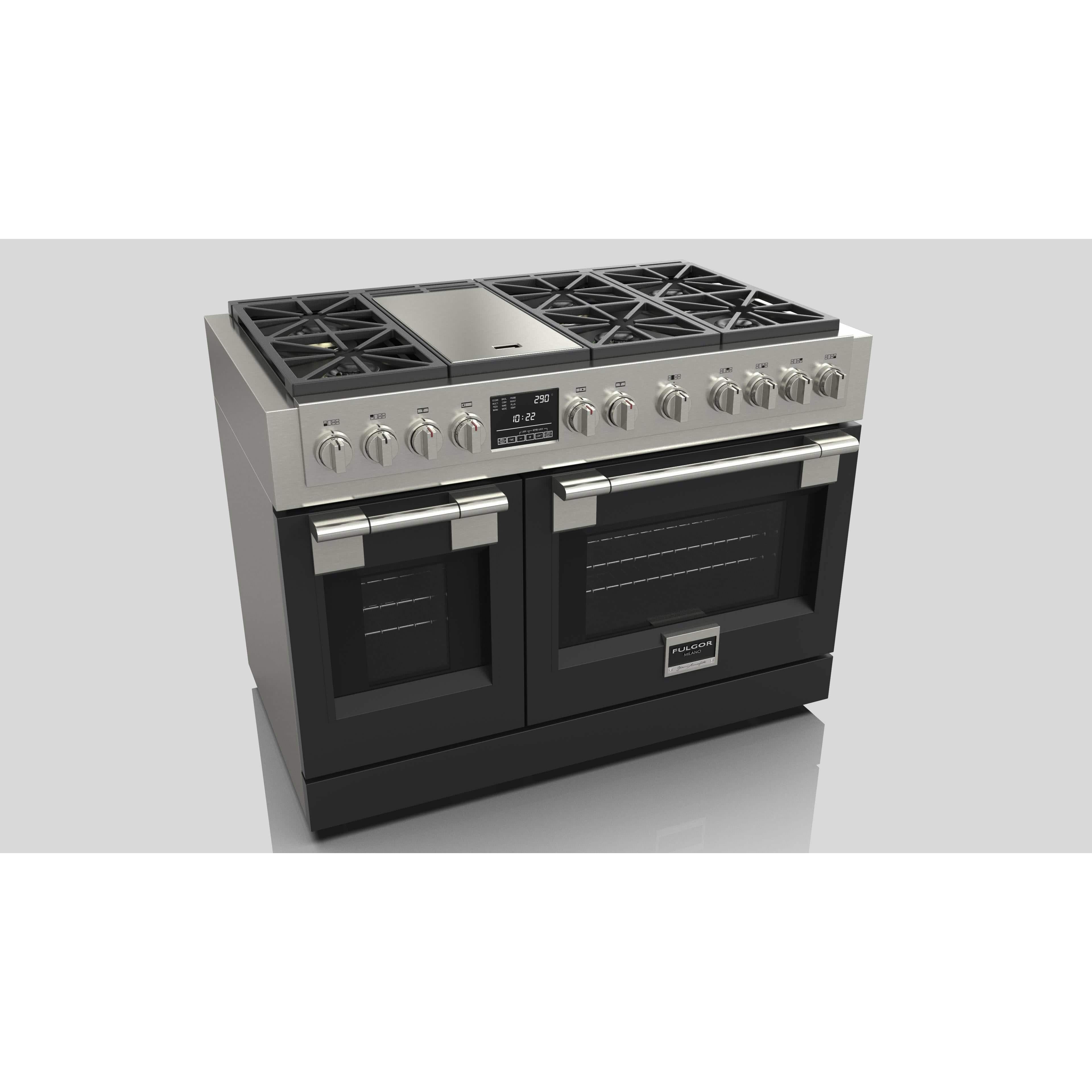 Fulgor Milano 48" Dual Fuel Professional Range with 6 Dual Flame Burners, 6.5 Cu. Ft. Total Capacity Stainless Steel - F6PDF486GS1 I Luxury Appliances Direct