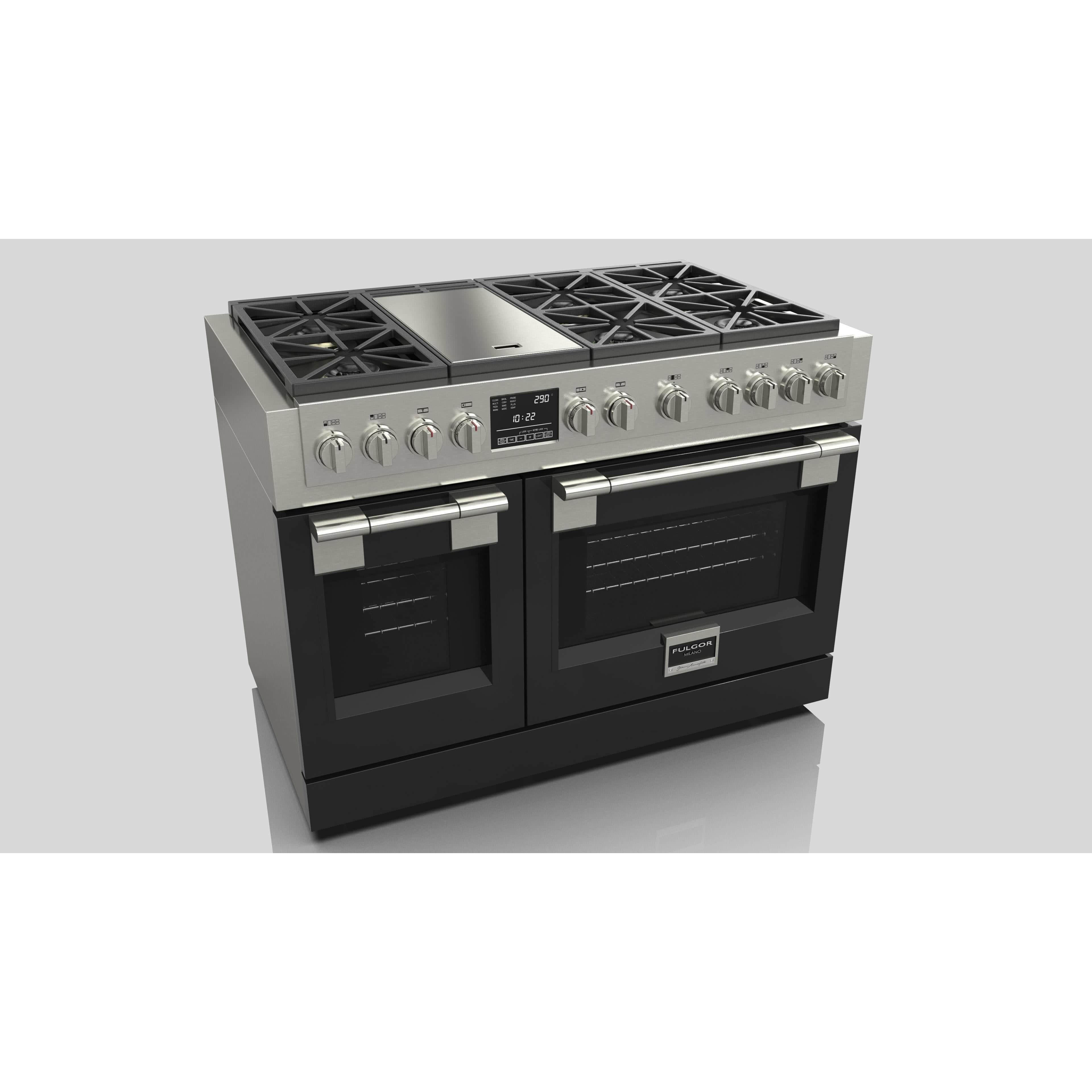 Fulgor Milano 48" Dual Fuel Professional Range with 6 Dual Flame Burners, 6.5 Cu. Ft. Total Capacity Stainless Steel - F6PDF486GS1 I Luxury Appliances Direct