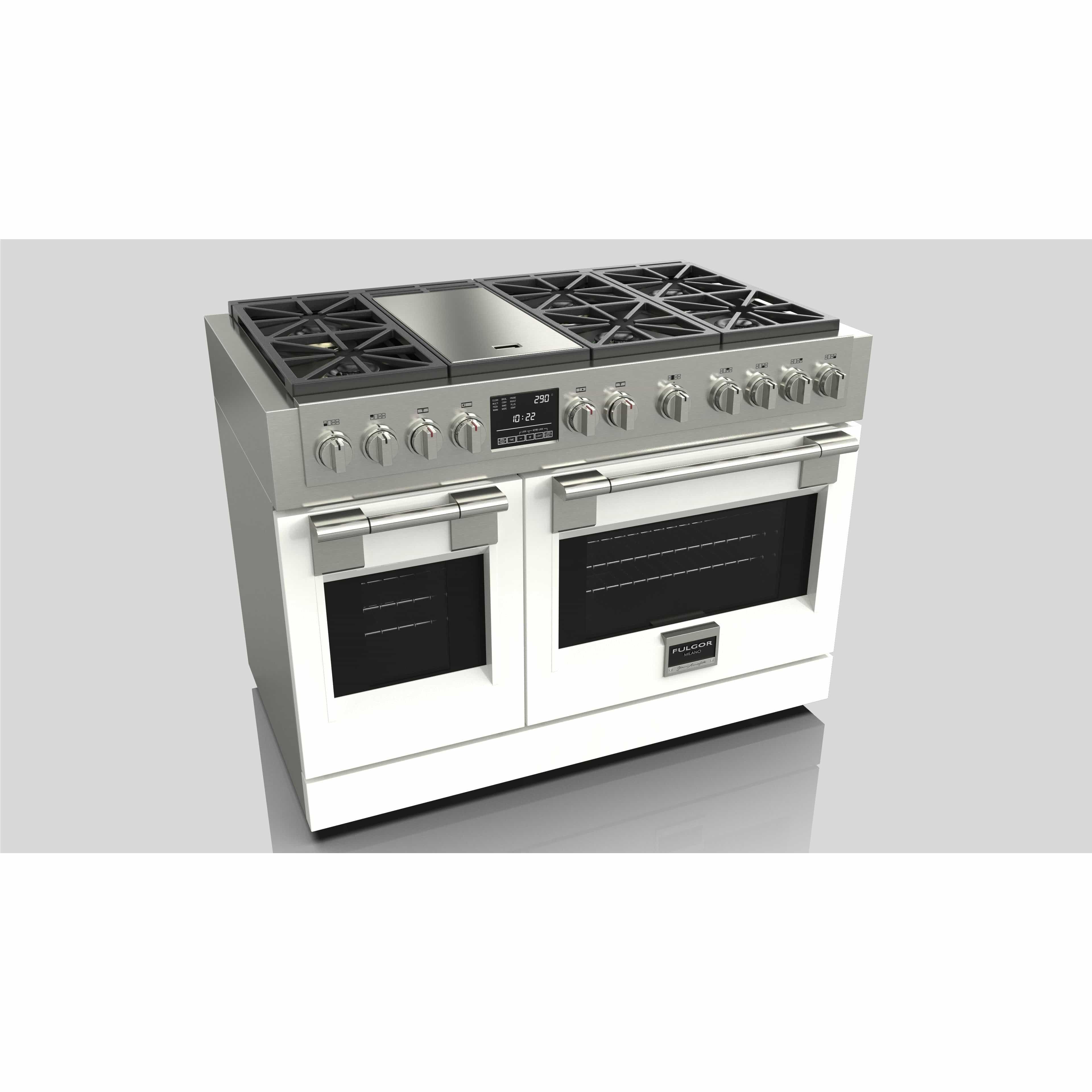 Fulgor Milano 48" Dual Fuel Professional Range with 6 Dual Flame Burners, 6.5 Cu. Ft. Total Capacity Stainless Steel - F6PDF486GS1 I Luxury Appliances Direct