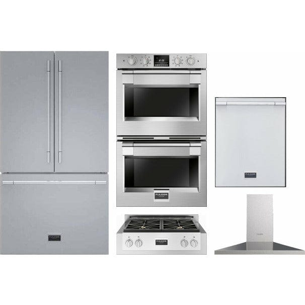 Fulgor Milano Package 30" Double Electric Wall Oven, 36" French Door Refrigerator, 30" Gas Rangetop, 30" Wall Mount Range Hood and 24" Built-In Dishwasher - F6PDP30S1F6FBM36S2 I Luxury Appliances Direct