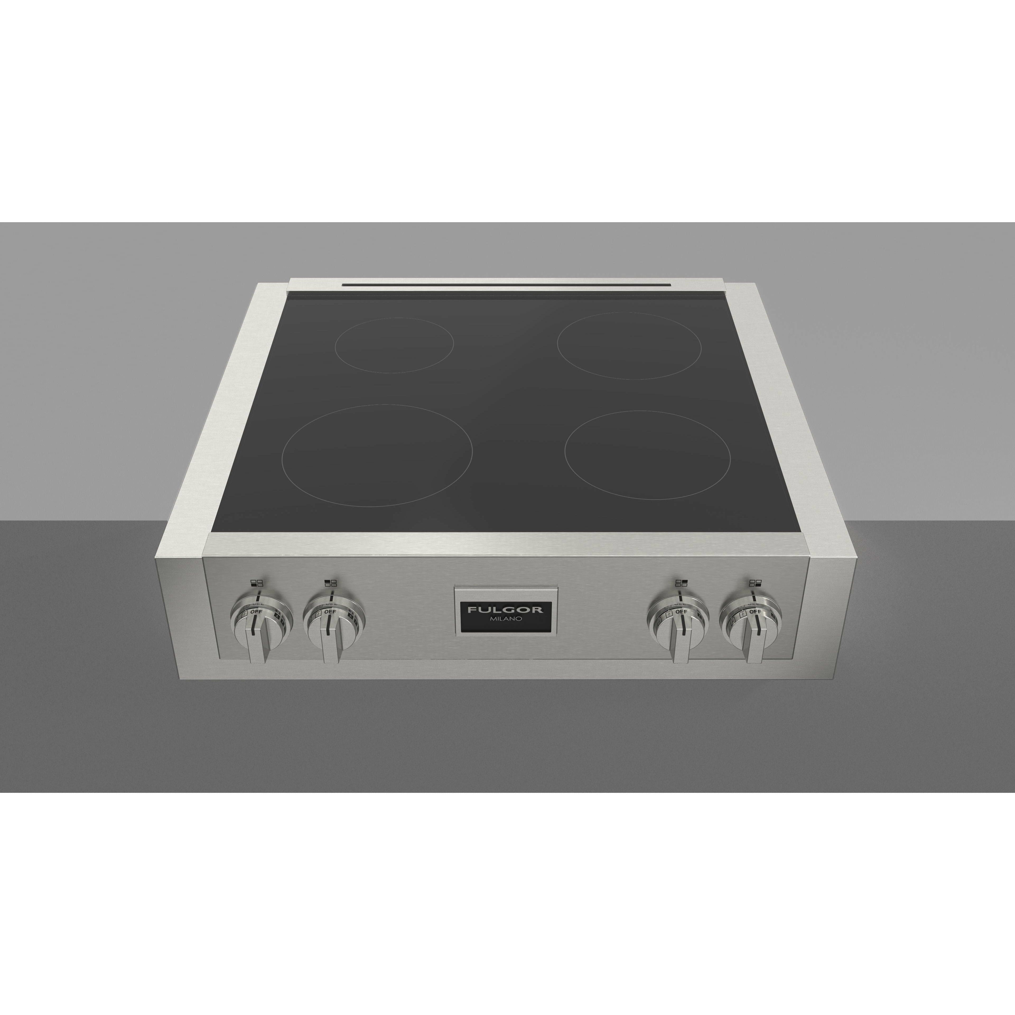 Fulgor Milano Package 30" Double Electric Wall Oven, 36" French Door Refrigerator, 30" Induction Rangetop, 30" Wall Mount Hood and 24" Integrated Built-In Dishwasher - F6PDP30S1F6IRT304S1 I Luxury Appliances Direct