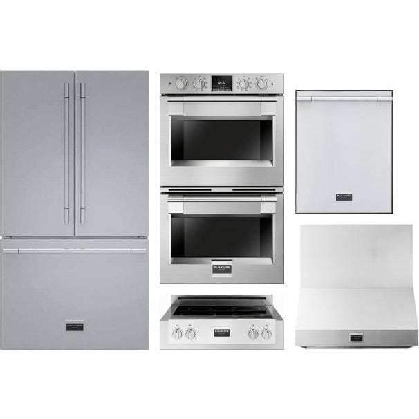 Fulgor Milano Package 30" Double Electric Wall Oven, 36" French Door Refrigerator, 30" Induction Rangetop, 30" Wall Mount Hood and 24" Integrated Built-In Dishwasher - F6PDP30S1F6IRT304S1 I Luxury Appliances Direct
