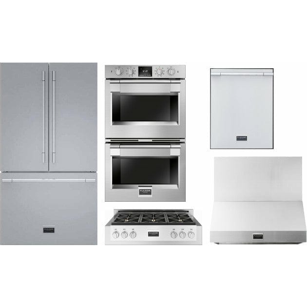 Fulgor Milano Package 30" Double Electric Wall Oven, 36" French Door Refrigerator, 36" Gas Rangetop, 36" Wall Mount Hood and 24" Integrated Built-In Dishwasher - F6PDP30S1F6GRT366S1 I Luxury Appliances Direct