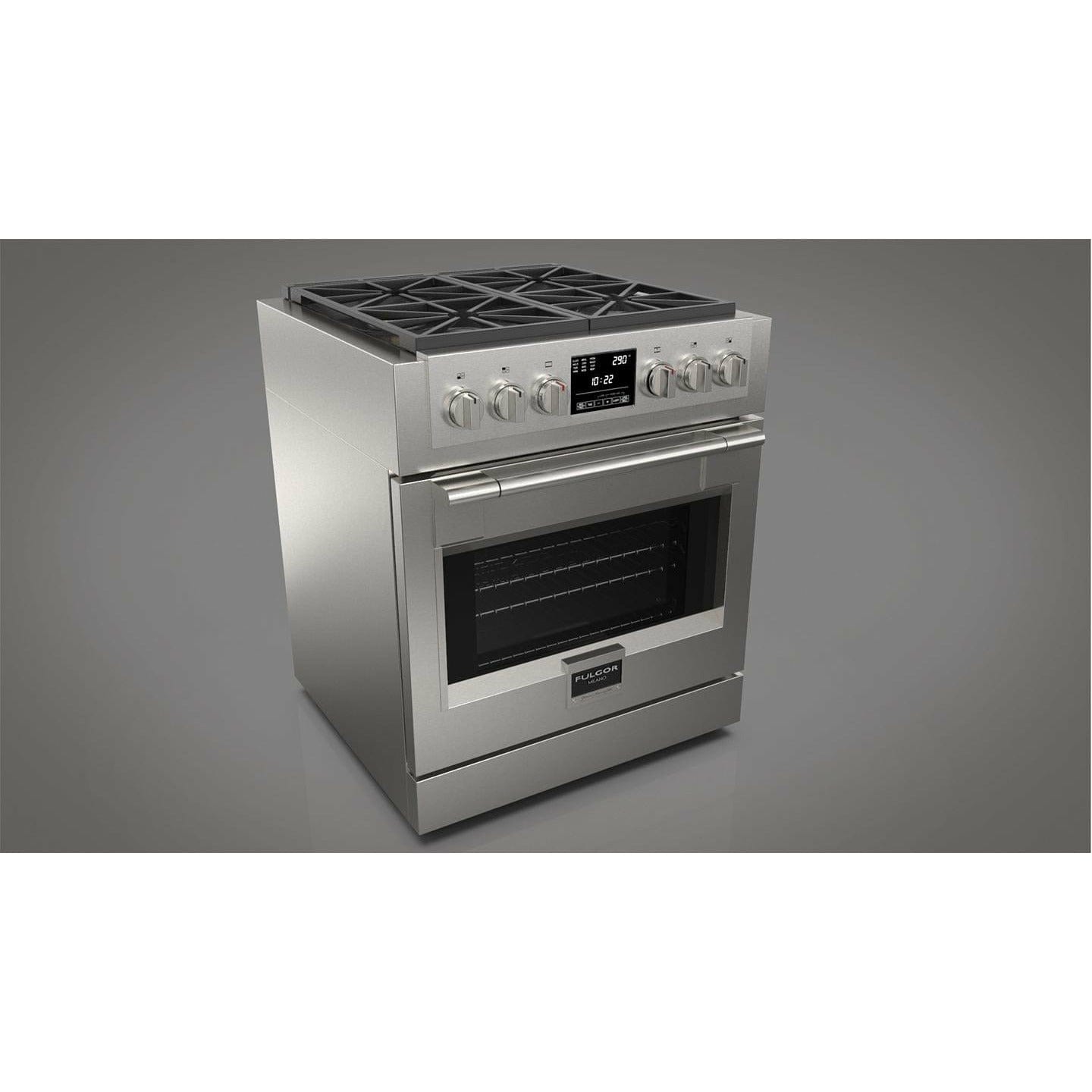 Fulgor Milano Package - 30" Dual Fuel Range, 36" French Door Refrigerator, 24" Built-In Dishwasher and 30" Wall Mount Hood - F6PDF304S1F6FBM36S2 I Luxury Appliances Direct