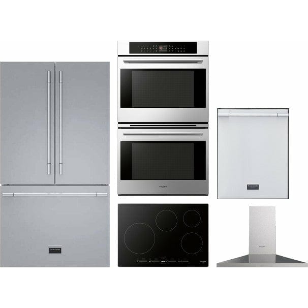 Fulgor Milano Package 30" Electric Double Wall Oven, 36" French Door Refrigerator, 30" Cooktop, 30" Wall Mount Hood and 24" Built-In Dishwasher - F7DP301F6FBM36S2 I Luxury Appliances Direct