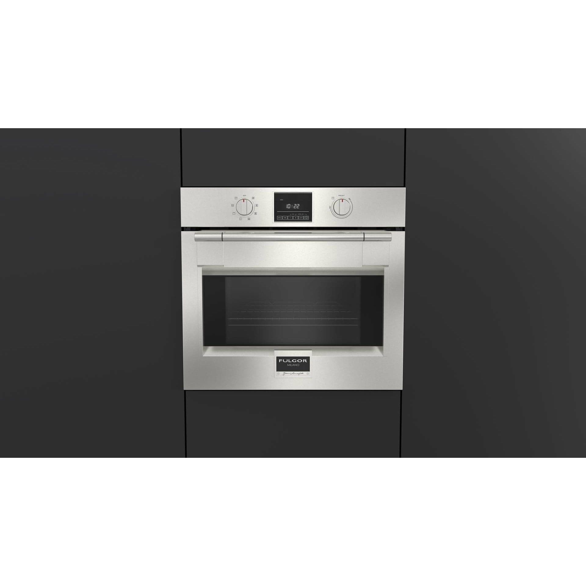 Fulgor Milano Package 30" Electric Wall Oven, 36" French Door Refrigerator, 30" Gas Rangetop, 30" Wall Mount Range Hood and 24" Built-In Dishwasher - F6PSP30S1F6FBM36S2 I Luxury Appliances Direct