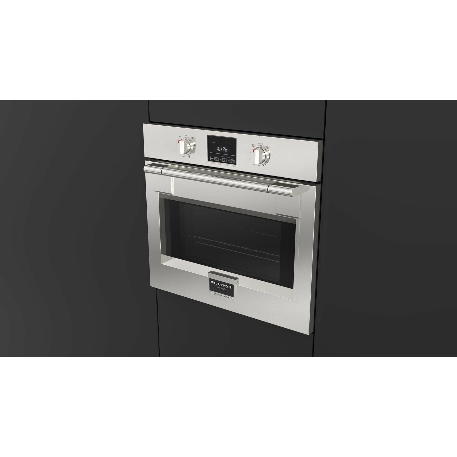 Fulgor Milano Package 30" Electric Wall Oven, 36" French Door Refrigerator, 30" Gas Rangetop, 30" Wall Mount Range Hood and 24" Built-In Dishwasher - F6PSP30S1F6FBM36S2 I Luxury Appliances Direct