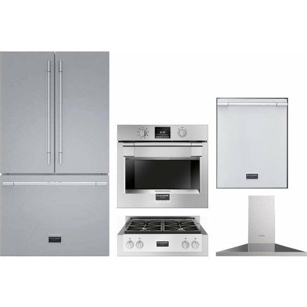 Fulgor Milano Package 30" Electric Wall Oven, 36" French Door Refrigerator, 30" Gas Rangetop, 30" Wall Mount Range Hood and 24" Built-In Dishwasher - F6PSP30S1F6FBM36S2 I Luxury Appliances Direct