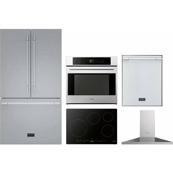 Fulgor Milano Package 30" Electric Wall Oven, 36" French Door Refrigerator, 30" Induction Cooktop, 30" Wall Mount Range Hood and 24" Built-In Dishwasher- F7SP30S1F6FBM36S2 I Luxury Appliances Direct