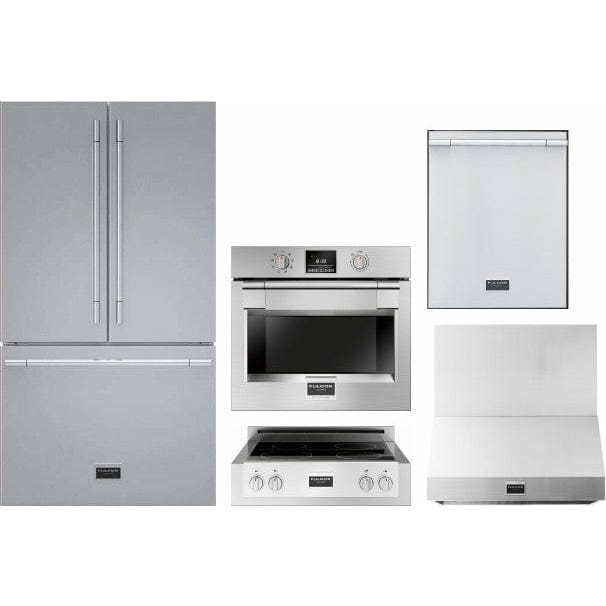 Fulgor Milano Package 30" Electric Wall Oven, 36" French Door Refrigerator, 30" Rangetop, 30" Wall Mount Hood and 24" Built-In Dishwasher - F6PSP30S1F6IRT304S1 I Luxury Appliances Direct