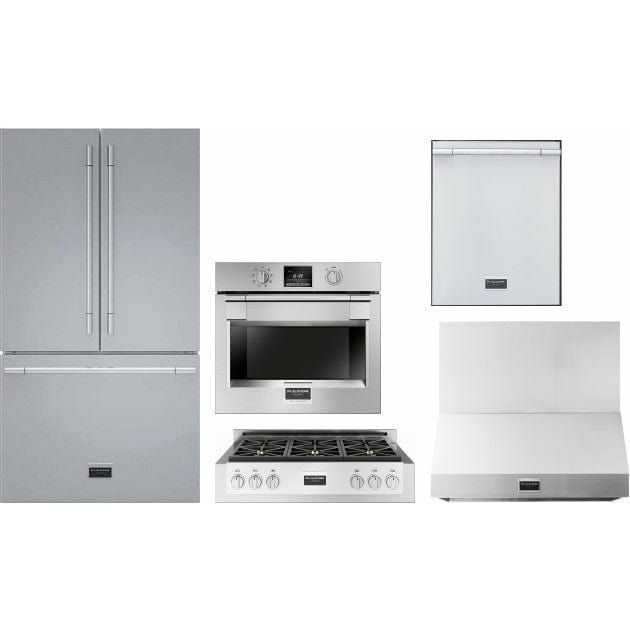 Fulgor Milano Package 30" Electric Wall Oven, 36" French Door Refrigerator, 36" Gas Rangetop, 36" Wall Mount Hood and 24" Built-In Dishwasher - F6PSP30S1F6GRT366S1 I Luxury Appliances Direct