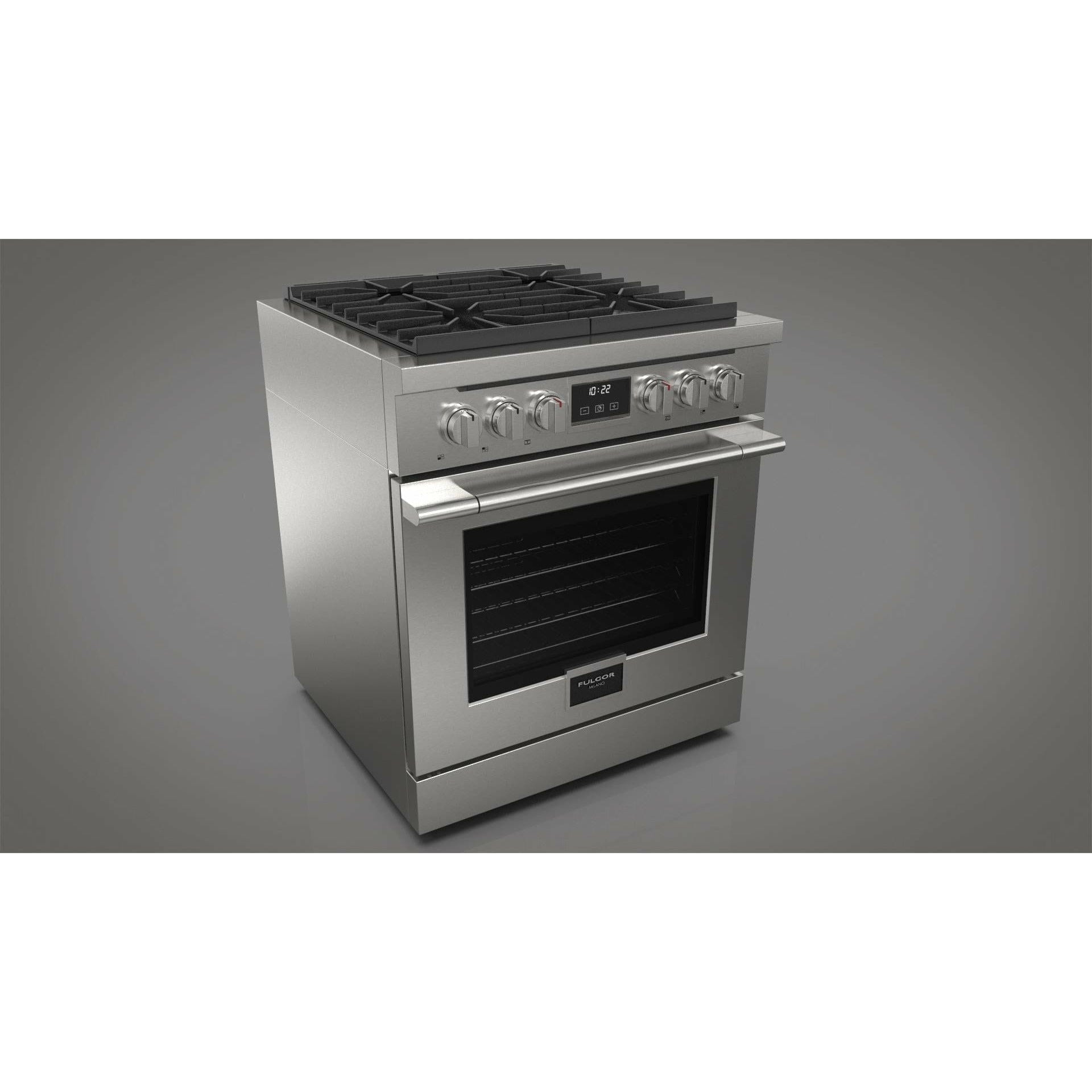 Fulgor Milano Package 30" Gas Range, 36" French Door Refrigerator, 30" Wall Mount Hood and 24" Built-In Dishwasher - F4PGR304S2F6FBM36S2 I Luxury Appliances Direct