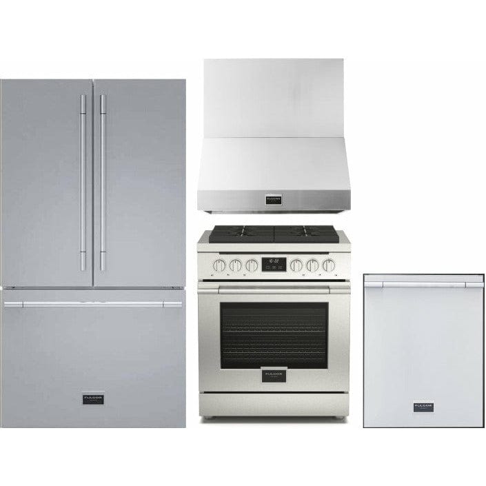 Fulgor Milano Package 30" Gas Range, 36" French Door Refrigerator, 30" Wall Mount Hood and 24" Built-In Dishwasher - F4PGR304S2F6FBM36S2 I Luxury Appliances Direct