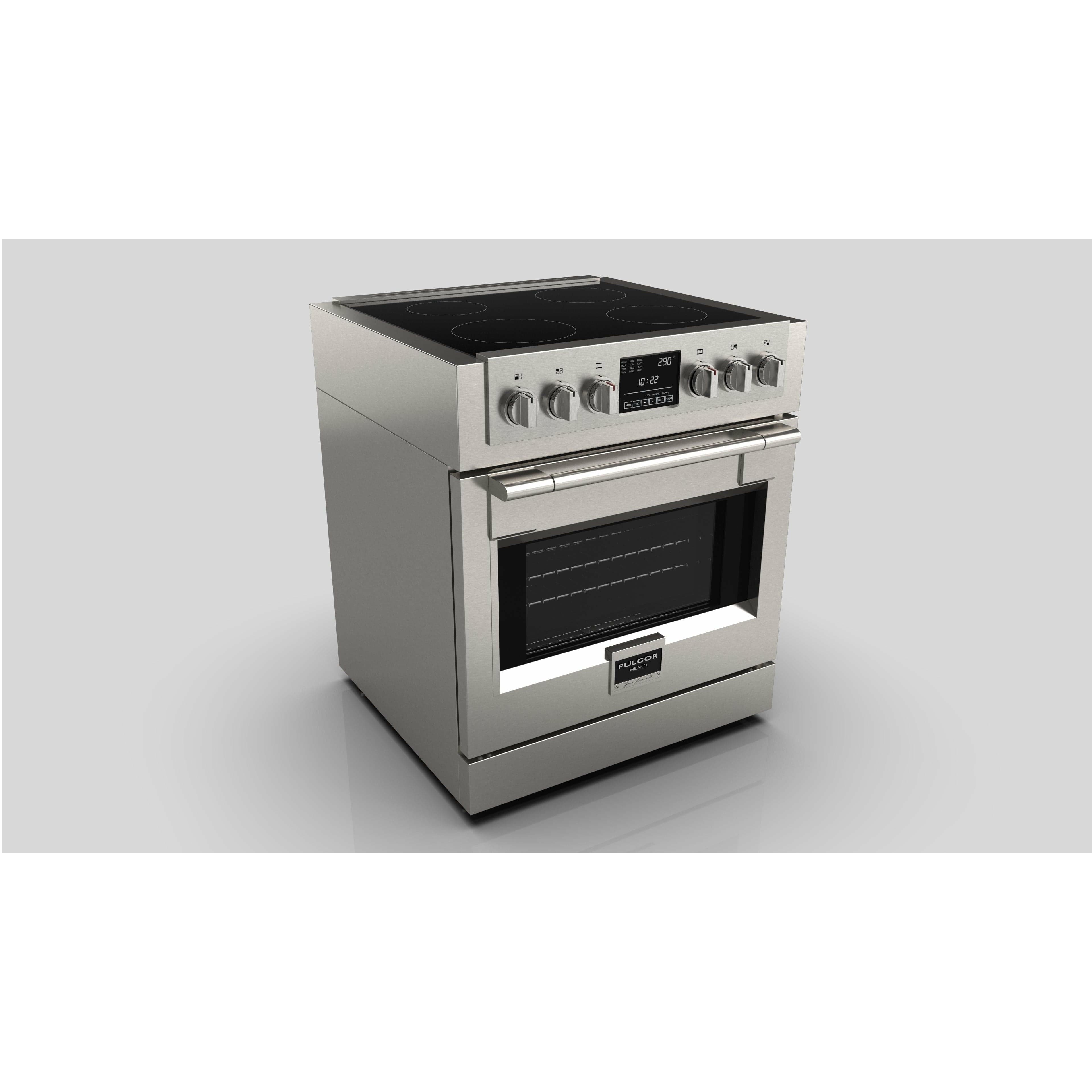 Fulgor Milano Package 30" Induction Range, 36" French Door Refrigerator, 24" Built-In Dishwasher and 30" Wall Mount Hood - F6PIR304S1F6FBM36S2 I Luxury Appliances Direct