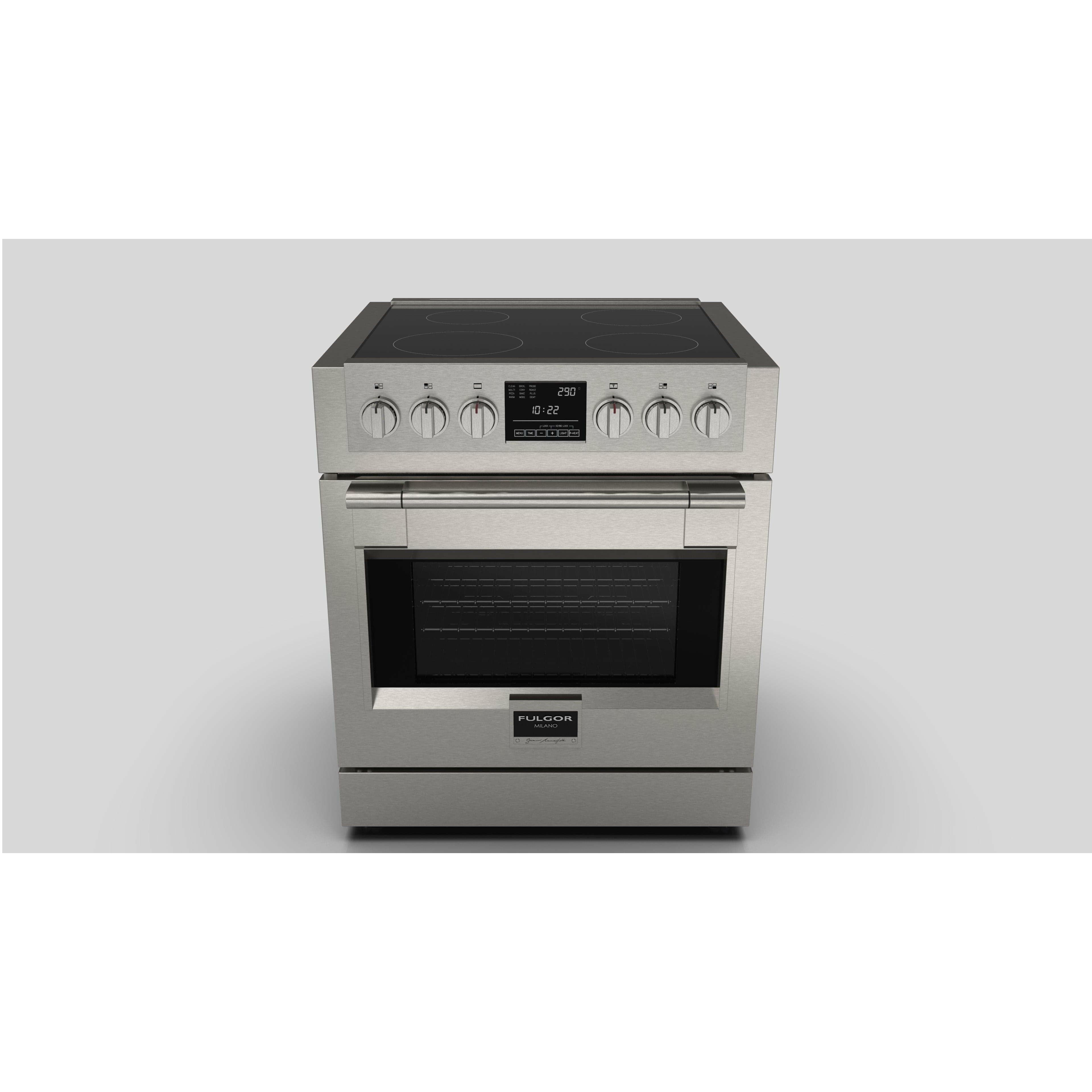 Fulgor Milano Package 30" Induction Range, 36" French Door Refrigerator, 24" Built-In Dishwasher and 30" Wall Mount Hood - F6PIR304S1F6FBM36S2 I Luxury Appliances Direct