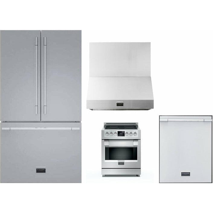 Fulgor Milano Package 30" Induction Range, 36" French Door Refrigerator, 24" Built-In Dishwasher and 30" Wall Mount Hood - F6PIR304S1F6FBM36S2 I Luxury Appliances Direct