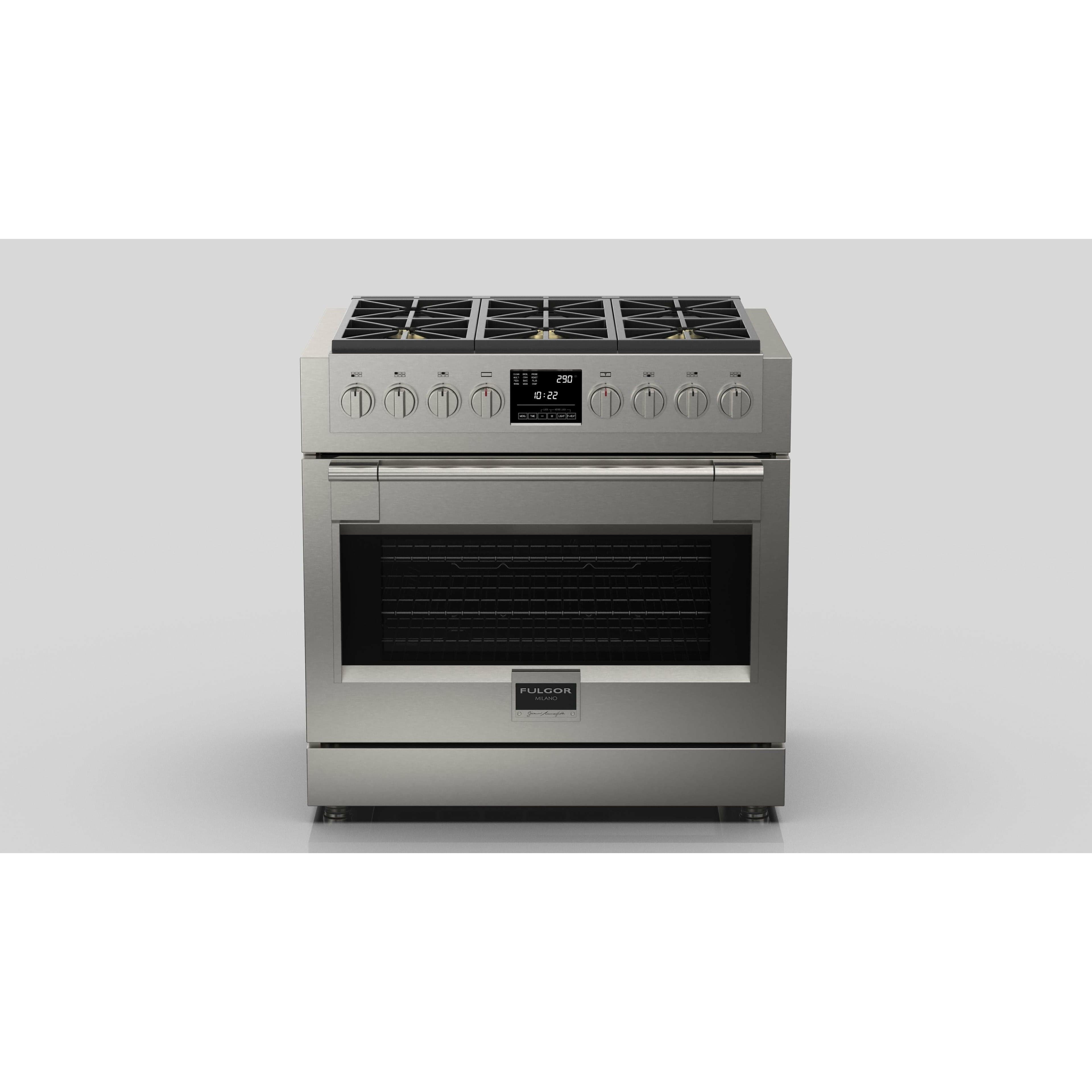 Fulgor Milano Package - 36" Dual Fuel Range, 36" French Door Refrigerator, 24" Built-In Dishwasher and 36" Wall Range Hood - F6PDF366S1F6FBM36S2 I Luxury Appliances Direct