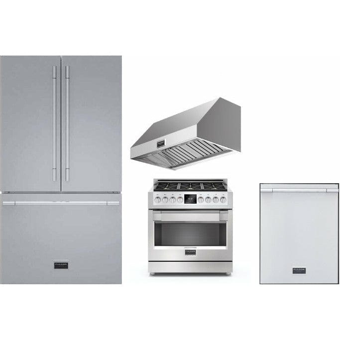 Fulgor Milano Package - 36" Dual Fuel Range, 36" French Door Refrigerator, 24" Built-In Dishwasher and 36" Wall Range Hood - F6PDF366S1F6FBM36S2 I Luxury Appliances Direct