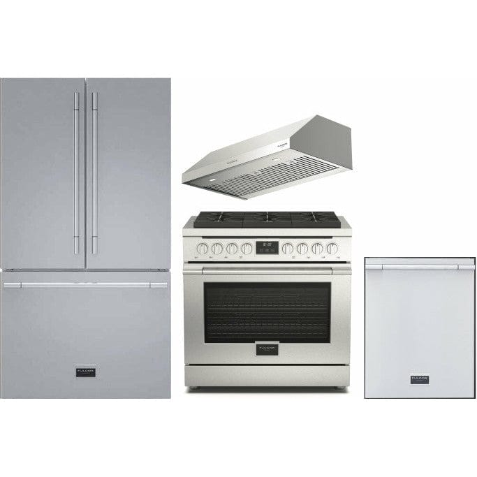 Fulgor Milano Package - 36" Gas Range, 36" French Door Refrigerator, 24" Built-In Dishwasher and 36" Under Cabinet Range Hood - F4PGR366S2F6FBM36S2 I Luxury Appliances Direct