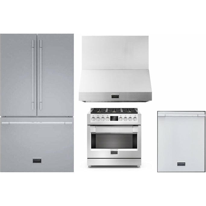 Fulgor Milano Package - 36" Gas Range, 36" French Door Refrigerator, 24" Built-In Dishwasher and 36" Wall Mount Hood - F6PGR366S2F6FBM36S2 I Luxury Appliances Direct