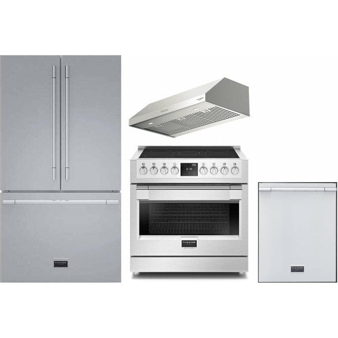 Fulgor Milano Package 36" Induction Pro-Range, 36" French Door Refrigerator, 24" Built-In Dishwasher and 36" Under Cabinet Range Hood - F6PIR365S1F6FBM36S2 I Luxury Appliances Direct