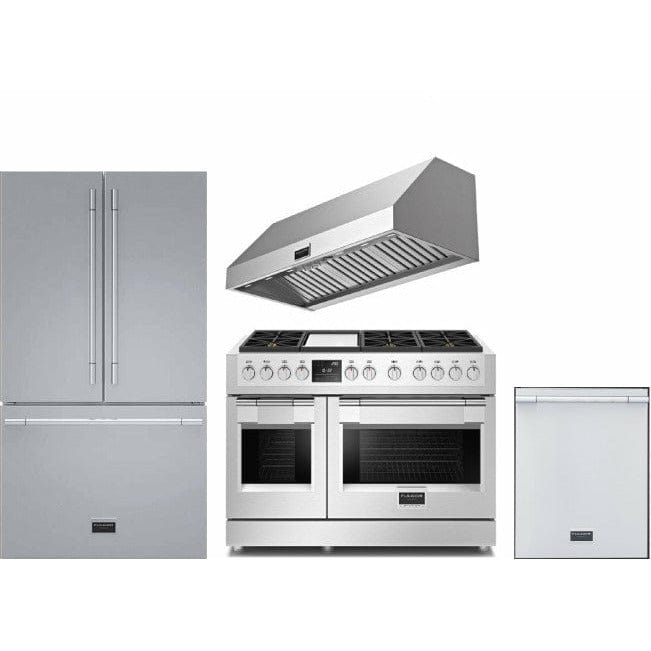 Fulgor Milano Package 48" Dual Fuel Range, 36" French Door Refrigerator, 48" Wall Range Hood and 24" Built-In Dishwasher - F6PDF486GS1F6FBM36S2 I Luxury Appliances Direct
