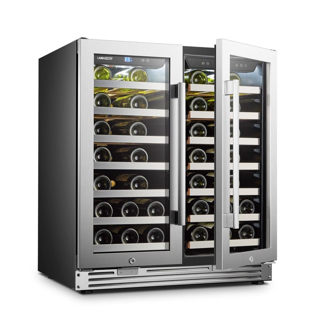 Lanbo 62 Bottles Dual Door Stainless Steel Wine Coolers LP66D I Luxury Appliances Direct