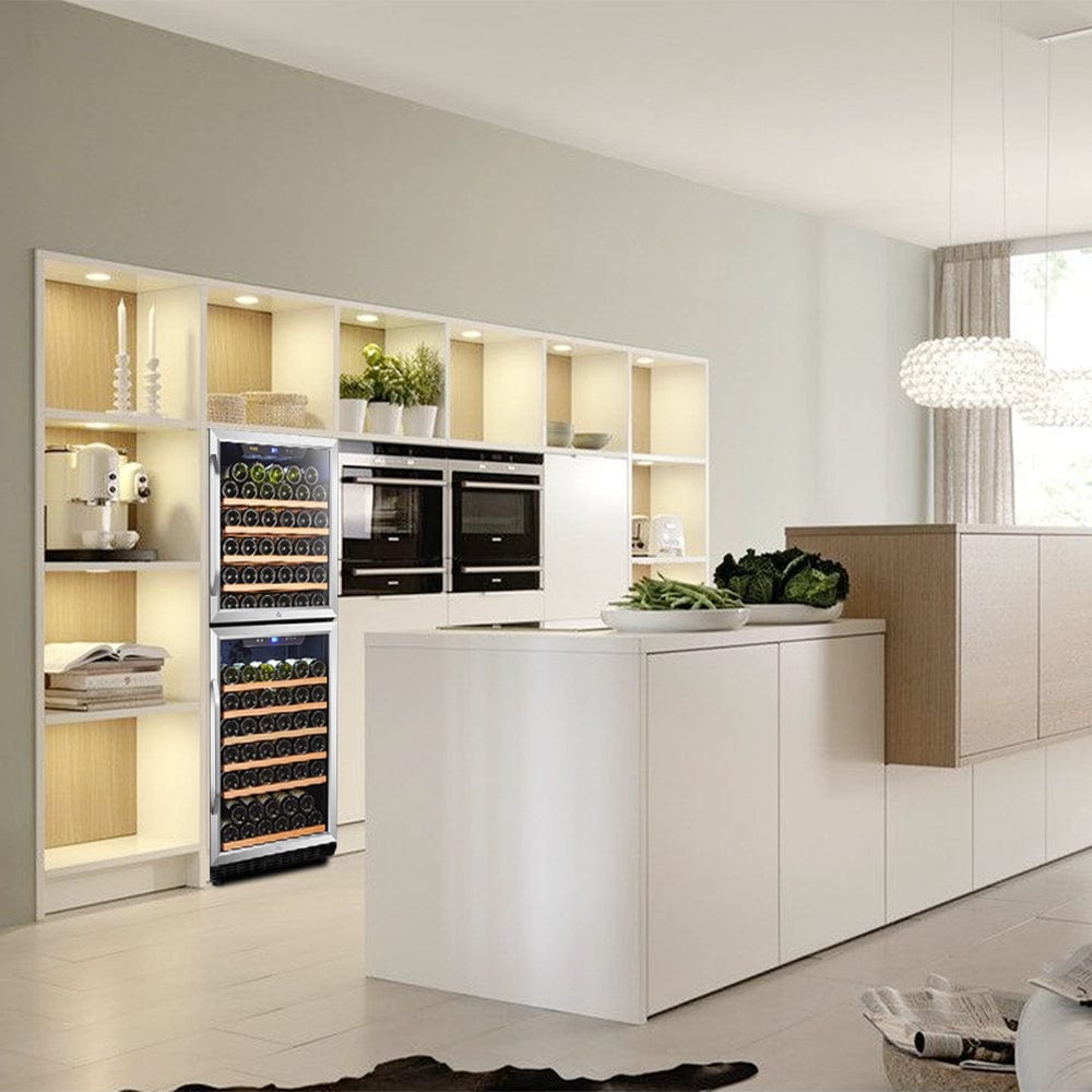 Lanbo133 Bottles Dual Zone Stainless Steel Right Hinge Dual Door Wine Coolers LW133DD I Luxury Appliances Direct