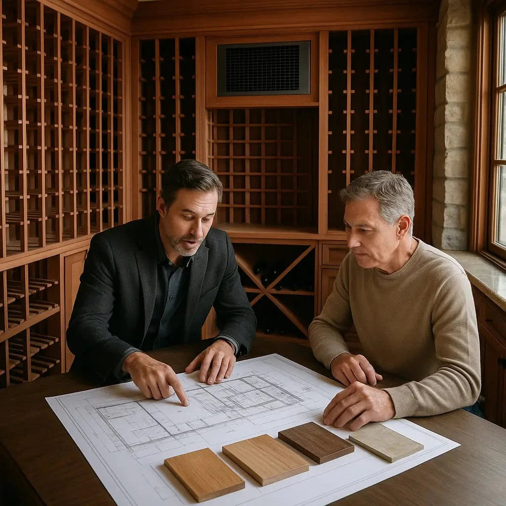 A wine cellar expert consulting a homeowner inside a luxury wine room with a custom design and a premium cooling system.