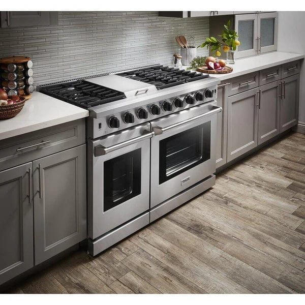 Thor Appliance Package - 48 In. Propane Gas Range, Range Hood, Refrigerator with Water and Ice Dispenser, Dishwasher & Wine Cooler I Luxury Appliances Direct