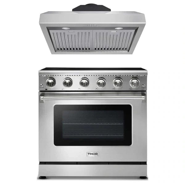 Thor Kitchen 2-Piece Appliance Package - 36" Electric Range and Under Cabinet Hood in Stainless Steel I Luxury Appliances Direct
