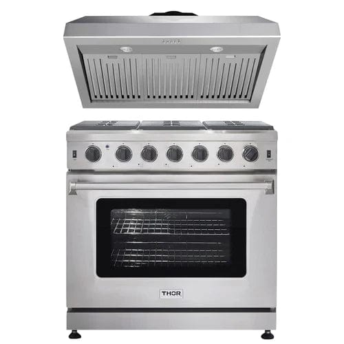 Thor Kitchen 2-Piece Appliance Package - 36" Gas Range & Premium Under Cabinet Hood in Stainless Steel I Luxury Appliances Direct