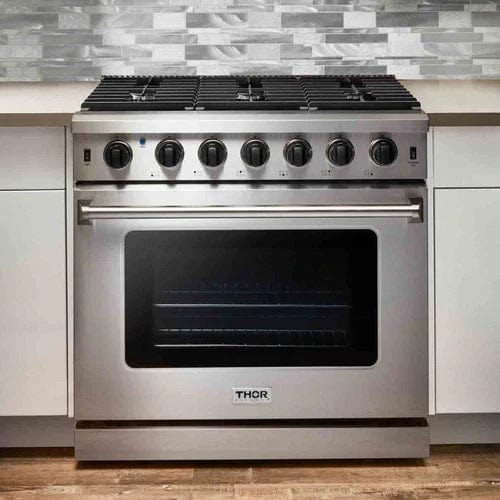 Thor Kitchen 2-Piece Appliance Package - 36" Gas Range & Premium Under Cabinet Hood in Stainless Steel I Luxury Appliances Direct