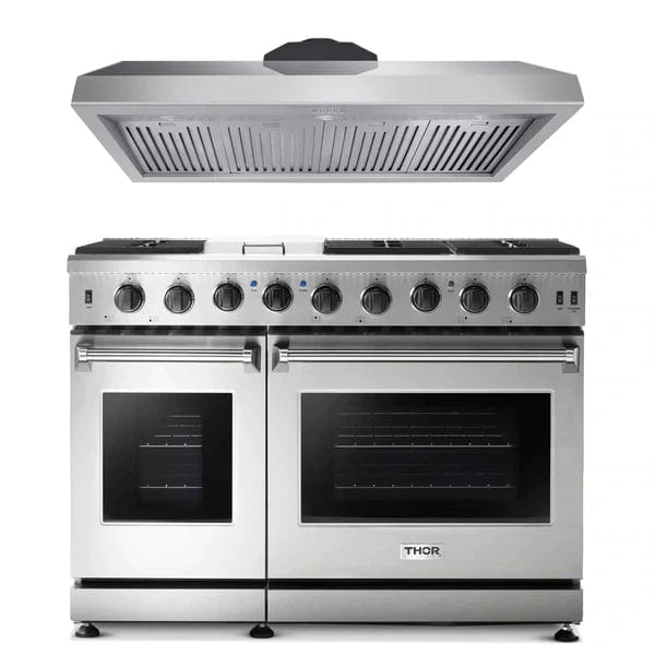 Thor Kitchen 2-Piece Appliance Package - 48" Gas Range & Premium Hood in Stainless Steel I Luxury Appliances Direct