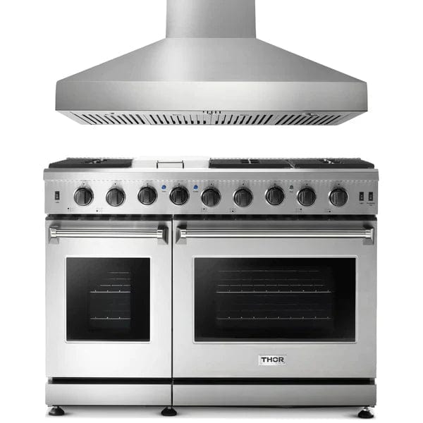 Thor Kitchen 2-Piece Appliance Package - 48" Gas Range & Pro Wall Mount Hood in Stainless Steel I Luxury Appliances Direct