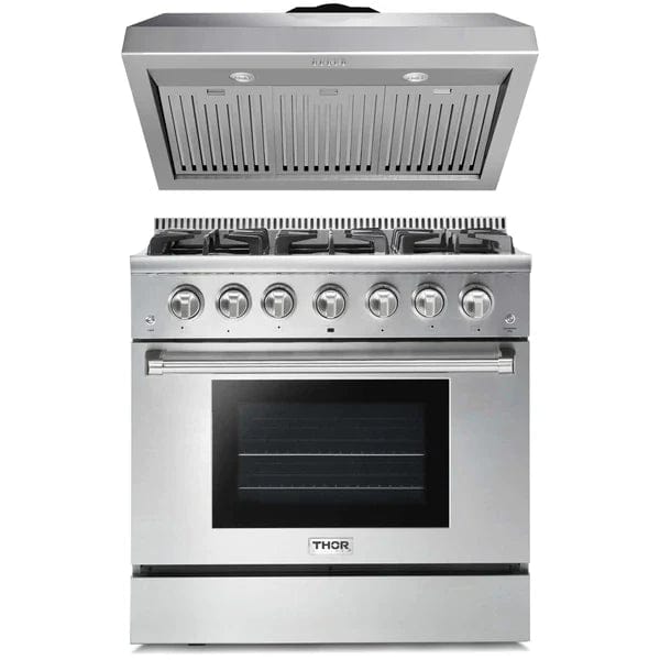 Thor Kitchen 2-Piece Pro Appliance Package - 36" Gas Range & Premium Under Cabinet Hood in Stainless Steel I Luxury Appliances Direct
