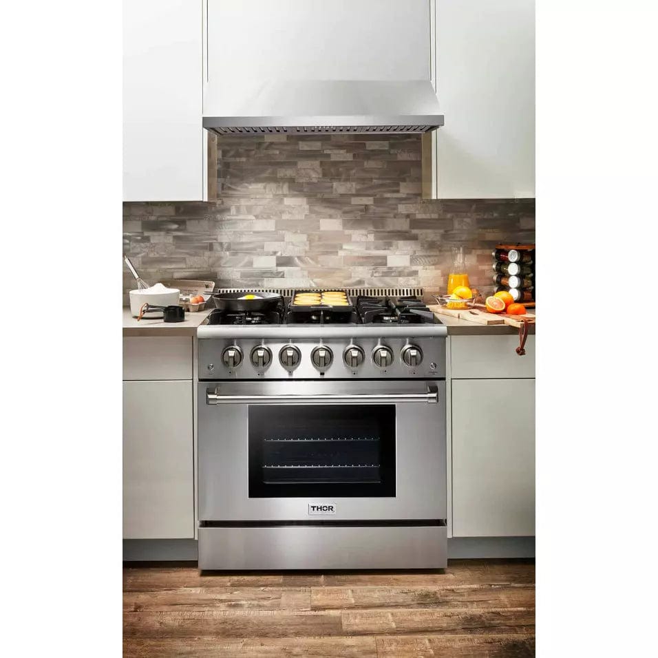 Thor Kitchen 2-Piece Pro Appliance Package - 36" Gas Range & Premium Under Cabinet Hood in Stainless Steel I Luxury Appliances Direct