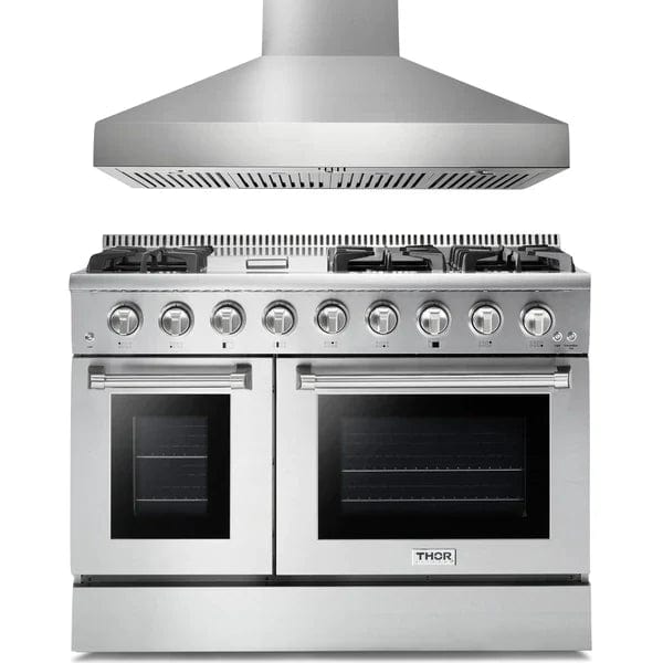 Thor Kitchen 2-Piece Pro Appliance Package - 48" Gas Range & Pro Wall Mount Hood in Stainless Steel I Luxury Appliances Direct