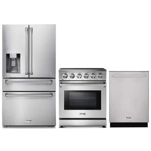 Thor Kitchen 3-Piece Appliance Package - 30-Inch Electric Range, Refrigerator with Water Dispenser, & Dishwasher in Stainless Steel I Luxury Appliances Direct