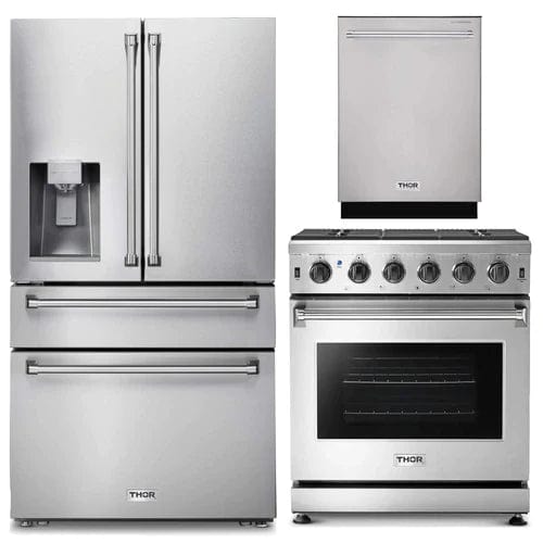 Thor Kitchen 3-Piece Appliance Package - 30-Inch Gas Range, Dishwasher & Refrigerator with Water Dispenser in Stainless Steel I Luxury Appliances Direct
