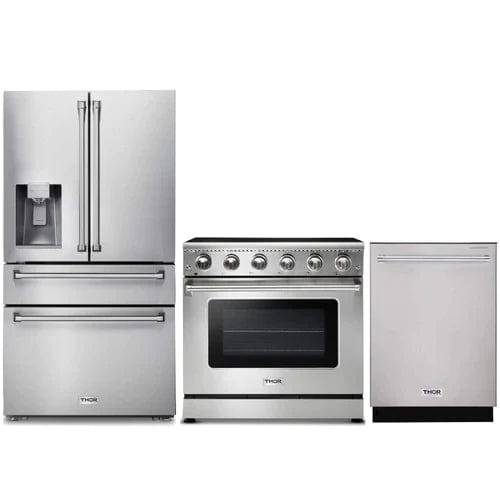 Thor Kitchen 3-Piece Appliance Package - 36-Inch Electric Range, Refrigerator with Water Dispenser, & Dishwasher in Stainless Steel I Luxury Appliances Direct