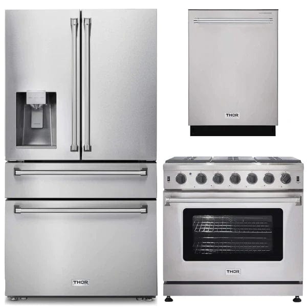 Thor Kitchen 3-Piece Appliance Package - 36-Inch Gas Range, Dishwasher & Refrigerator with Water Dispenser in Stainless Steel I Luxury Appliances Direct