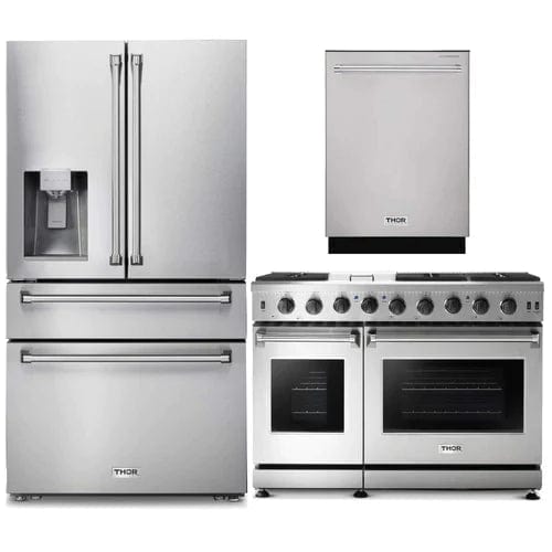 Thor Kitchen 3-Piece Appliance Package - 48-Inch Gas Range, Dishwasher & Refrigerator with Water Dispenser in Stainless Steel I Luxury Appliances Direct