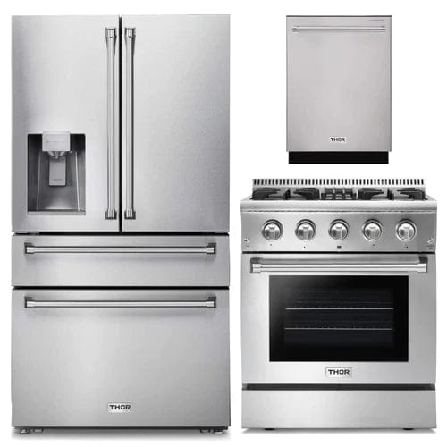 Thor Kitchen 3-Piece Pro Appliance Package - 30-Inch Dual Fuel Range, Dishwasher & Refrigerator with Water Dispenser in Stainless Steel I Luxury Appliances Direct