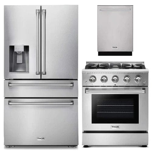 Thor Kitchen 3-Piece Pro Appliance Package - 30-Inch Gas Range, Dishwasher & Refrigerator with Water Dispenser in Stainless Steel I Luxury Appliances Direct